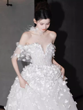 Princess Ball Gown Off The Shoulder Tulle Flowers Long Wedding Dresses HZ1024