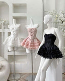 Cute A Line Strapless Ruffles Short Pink Homecoming Dresses Black Birthday Outfits HZ1024