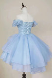 Cute Ball Gown Off The Shoulder Lace Light Sky Blue Homecoming Dress Short Birthday Outfit HZ1024