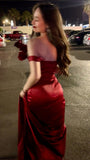 Simple Sheath Off The Shoulder Short Sleeves Red Long Prom Dresses HZ1024