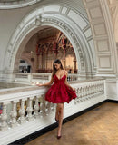 Simple Ball Gown Straps Burgundy Satin Short Homecoming Dresses 21st Birthday Outfit HZ1024