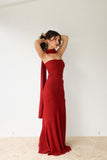 Elegant Mermaid Strapless Slim Fit Satin Red Prom Dress Long Evening Dresses With Ribbon HZ1024