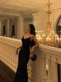Sexy Sheath Spagehtti Straps Slim Fit Sequin Black Prom Dress Long Evening Dresses HZ1024