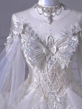 Princess Ball Gown Scoop neckline Long Sleeves Tulle Wedding Dresses HZ1024