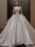 Elegant Ball Gown Off The Shoulder Sequin Short Sleeves Sequin Wedding Dresses HZ1024