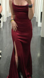 Elegant Mermaid Straps Burgundy Slit Satin Long Prom Dress Evening Dresses HZ1024
