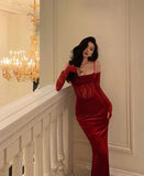 Sexy Mermaid Straps Burgundy Lace Long Prom Dress Evening Dresses HZ1024