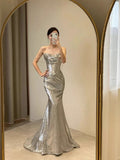 Sexy Mermaid Spaghetti Straps Silver Sequin Long Prom Dress Evening Dresses HZ1024