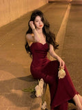 Sexy Mermaid Straps Velvet Burgundy Long Prom Dress Evening Dresses HZ1024
