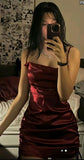 Modest Sheath Spaghetti Straps Burgundy Short Satin Homecoming Dresses Cocktail Dress HZ1024