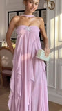 Modest A line Strapless Chiffon Pink Long Prom Dress Evening Dresses HZ1024