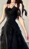 Modest Sheath Spaghetti Straps Chiffon Sleeveless Black Long Prom Dress Evening Dresses HZ1024