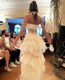 Modest Sheath Strapless Chiffon Sleeveless Ivory Long Prom Dress Evening Dresses HZ1024