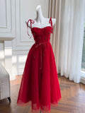 Elegant A line Spaghetti Straps Red Slim Fit Tulle Prom Dress Evening Dresses HZ1024