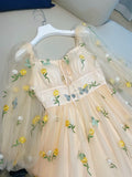 Elegant A Line Square Neckline Yellow Floral Lace Prom Dress Evening Dresses HZ1024