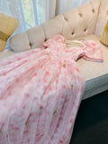 Simple A Line Short Sleeves Pink Tulle Floral Prom Dress Evening Dresses HZ1024