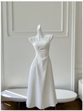 Simple A Line Straps White Satin Ankle Length Prom Dress Evening Dresses HZ1024