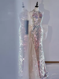 Modest Mermaid Scoop Sequin Long Prom Dresses HZ1024