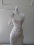Pretty Sheath One Shoulder Sequin Slit Prom Dress White Formal Dresses HZ1024