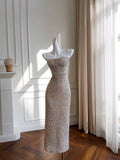 Pretty Sheath Spaghetti Straps Champagne Sequin Prom Dress Formal Dresses HZ1024