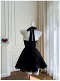 Modest A line Halter Black Short Homecoming Dresses Tulle Birthday Outfits HZ1024