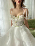 Modest A line Spaghetti Straps White Tulle Ankle Length Prom Dress Formal Dresses HZ1024