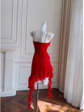 Modest Sheath Spaghetti Straps Red Chiffon Ruffled Short Homecoming Dresses Birthday Outfits HZ1024