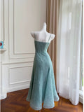 Modest A line Spaghetti Straps Light Sky Blue Lace Ankle Length Prom Dress Formal Dresses HZ1024