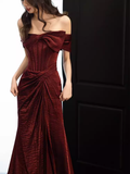 Modest Mermaid Off The Shoulder Shiny Satin Burgundy Long Prom Dresses HZ1024