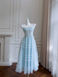 Modest A line Spaghetti Straps Light Sky Blue Tulle Ankle Length Prom Dress Formal Dresses HZ1024