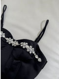 Cute A Line Spaghetti Straps Black Satin Homecoming Dresses Birthday Outfits With Beads HZ1024