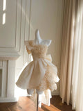 Pretty Ball Gown Straps Champagne Satin Flowers Homecoming Dresses Birthday Outfits With Bow HZ1024