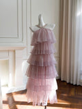 Modest Ball Gown Halter Ruffles Pink Long Length Prom Dress Formal Dresses HZ1024