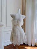 Modest A line Spaghetti Straps White Lace Short Homecoming Dresses Birthday Outfits HZ1024