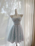Modest A line Spaghetti Straps Light Skye Blue Lace Short Homecoming Dresses Birthday Outfit HZ1024
