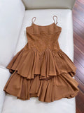 Modest A line Spaghetti Straps Brown Lace Short Homecoming Dresses Birthday Outfit HZ1024