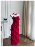 Modest A line Spaghetti Straps Red Chiffon Long Prom Dress Formal Dresses HZ1024