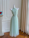 Modest A line Halter Tulle Mint Green Prom Dress Formal Dresses HZ1024