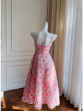 Modest A line Spaghetti Straps Pink Floral Prom Dress Formal Dresses HZ1024