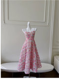 Modest A line Spaghetti Straps Pink Floral Prom Dress Formal Dresses HZ1024