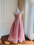 Modest A line Spaghetti Straps Pink Floral Prom Dress Formal Dresses HZ1024
