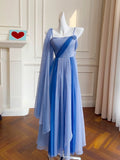 Modest A line Spaghetti Straps Blue Chiffon Prom Dress Formal Dresses HZ1024