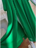 Modest A line V Neckline Long Sleeves Green Chiffon Slit Prom Dress Formal Dresses With Buttons HZ1024