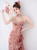 Sexy Mermaid High Neckline Velvet Pink Long Prom Dresses Birthday Outfits HZ1024