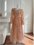 Modest A line V Neckline Long Sleeves Blush Pink Lace Prom Dress Formal Dresses With Bow HZ1024