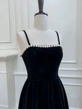 Modest A line Spaghetti Straps Black Velvet Pearls Prom Dress Formal Dresses HZ1024