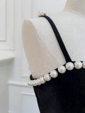 Modest A line Spaghetti Straps Black Velvet Pearls Prom Dress Formal Dresses HZ1024