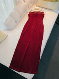 Modest Sheath Spaghetti Straps Burgundy Velvet Slit Prom Dress Formal Dresses HZ1024