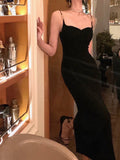 Sexy Sheath Spaghetti Straps Black Velvet Slit Prom Dress Formal Dresses HZ1024