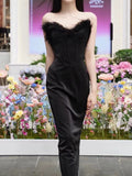 Sexy Sheath Sweetheart Black Ankle Length Prom Dress Formal Dresses With Feather HZ1024